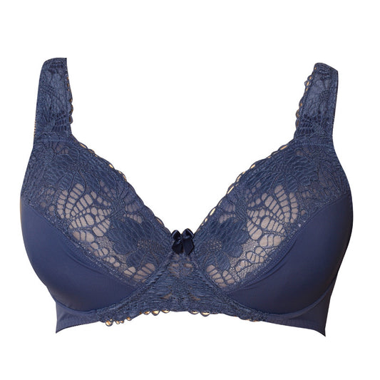 Freedombeauty | Dark Blue Full Cup plus Size Bra Thin Padded Cup Widened Shoulder Strap Sponge-Free Breasts Contracting Bra Bra