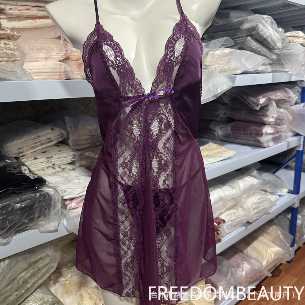 FREEDOMBEAUTY | 5096 Home Lingerie Sexy Lace Perspective Pajamas Midnight Seduction Suspender Pajamas Bed Fun Free