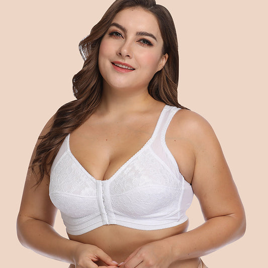 Freedombeauty | White Lace Front Buckle European and American Super plus Size Bra Wireless Ultra-Thin Push up Underwear Bra