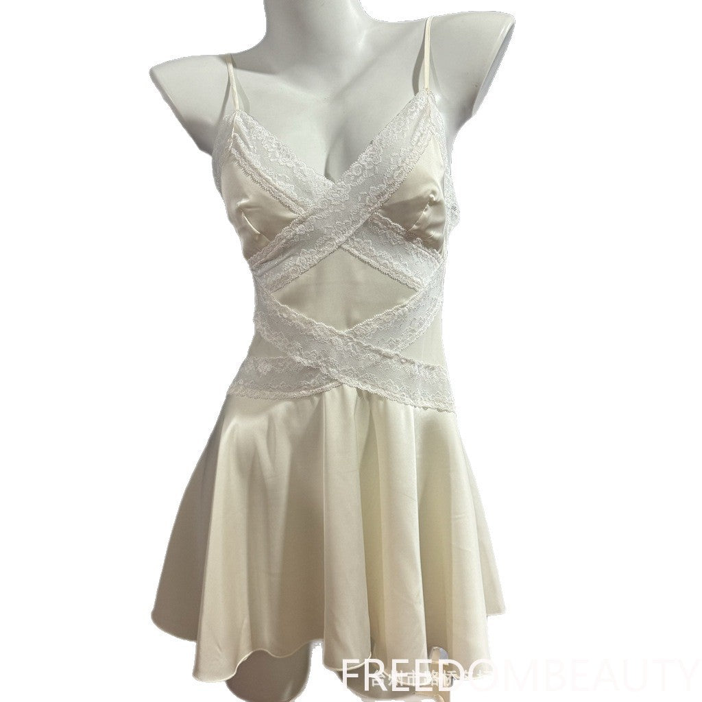 FREEDOMBEAUTY | 71090 Sexy Pure Lace Perspective Seduction Pajamas Plus Chest Pad Suspender Pajamas with Removable Chest Pad