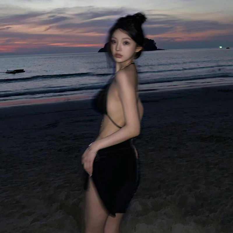 freedombeauty|Black Chain Swimsuit Three-Piece Set Cover Skirt Conceals Pure Desire Internet Celebrity Ins Sexy Beach Bikini Sanya Vacation
