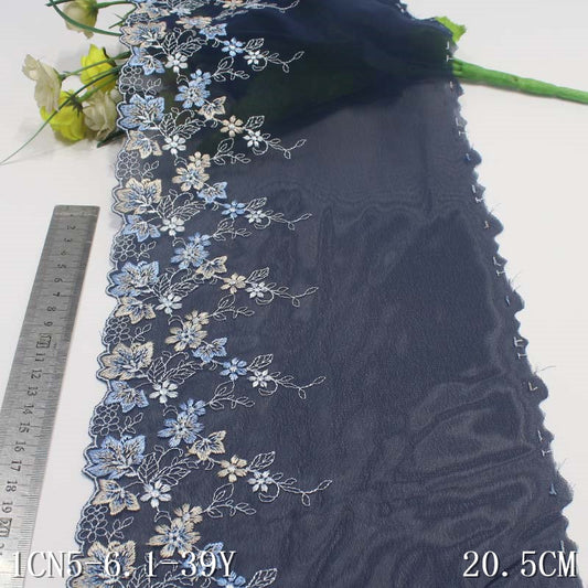 Freedombeauty | Dark Blue Single Side Flowers Print Chiffon Embroidered Lace Curtain Sofa Cushion Lace Accessories