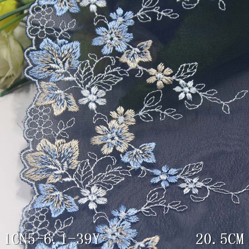 Freedombeauty | Dark Blue Single Side Flowers Print Chiffon Embroidered Lace Curtain Sofa Cushion Lace Accessories