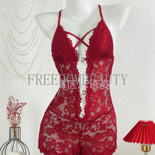 Freedombeauty | Sexy Lingerie Exposed Navel Temptation Diamond Lace Underwear Halter Lace-up Sexy Jumpsuit