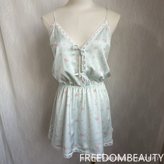 FREEDOMBEAUTY | 71060 Summer ice silk nightdress with chest pad thin ins wind floral lace edge cute pajamas loungewear Nana