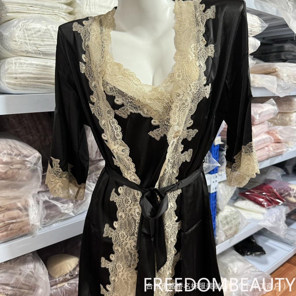 FREEDOMBEAUTY | 7019 nightgown women's summer sexy pajamas women's seduction bud silk loungewear, nightgown bathrobe bridal robe