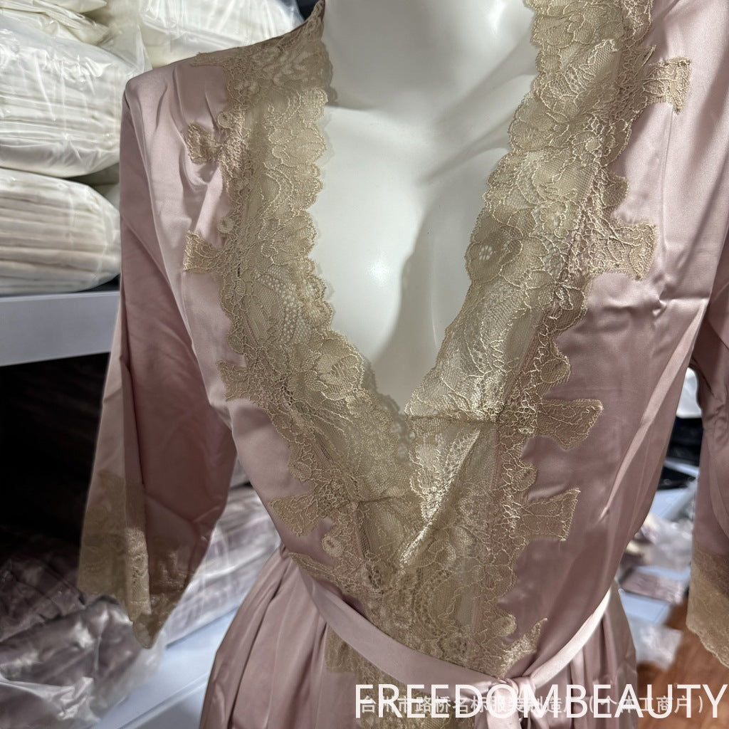 FREEDOMBEAUTY | 7019 nightgown women's summer sexy pajamas women's seduction bud silk loungewear, nightgown bathrobe bridal robe
