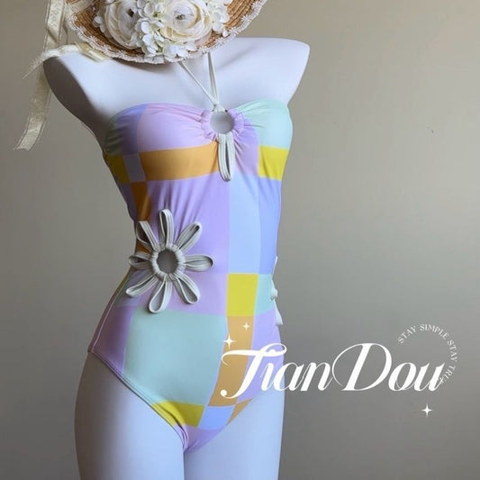 freedombeauty|[Rainbow Bubbles] Summer High-Quality Sexy Hollow-Out Floral One-Piece Swimsuit Bikini Dopamine Pure Desire
