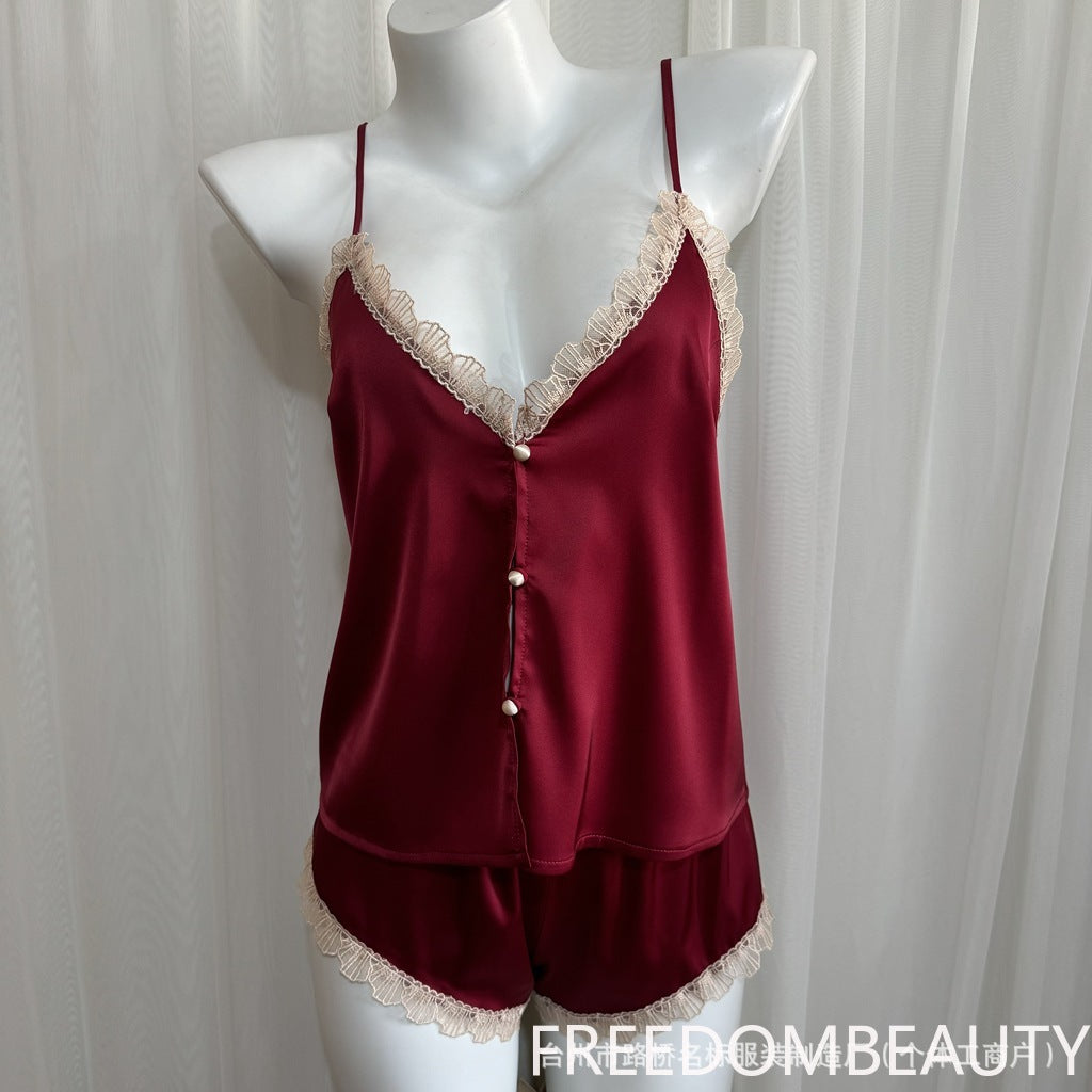 FREEDOMBEAUTY | 7087 Shell Embroidered Delicate Satin Sex Pajamas Pajamas Two-piece Set, Without Removable Chest Pad