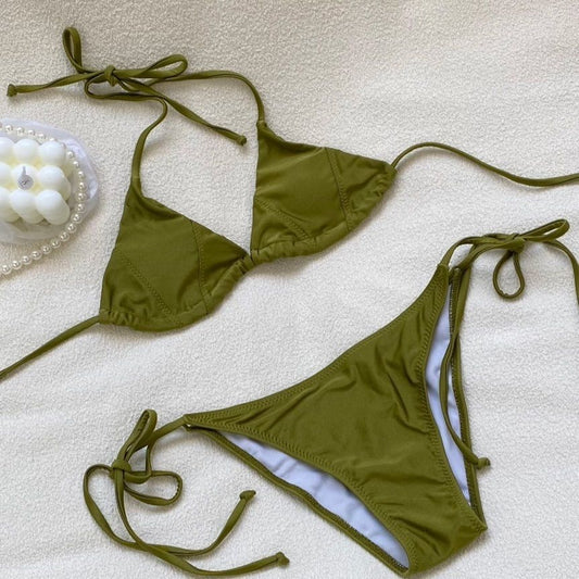 freedombeauty|[Bean Green] New 2023 Sexy Girl Sexy Two-Piece Cover-Up Bikini Swimsuit Set Small Chest Slimming Cover-Up
