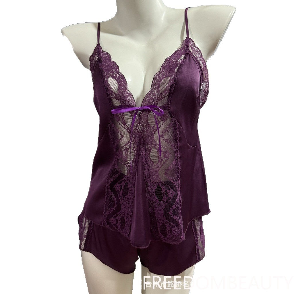 FREEDOMBEAUTY | 7107 new pure desire sexy pajamas Internet celebrity women ice silk suspender backless lace sexy nightdress private temptation