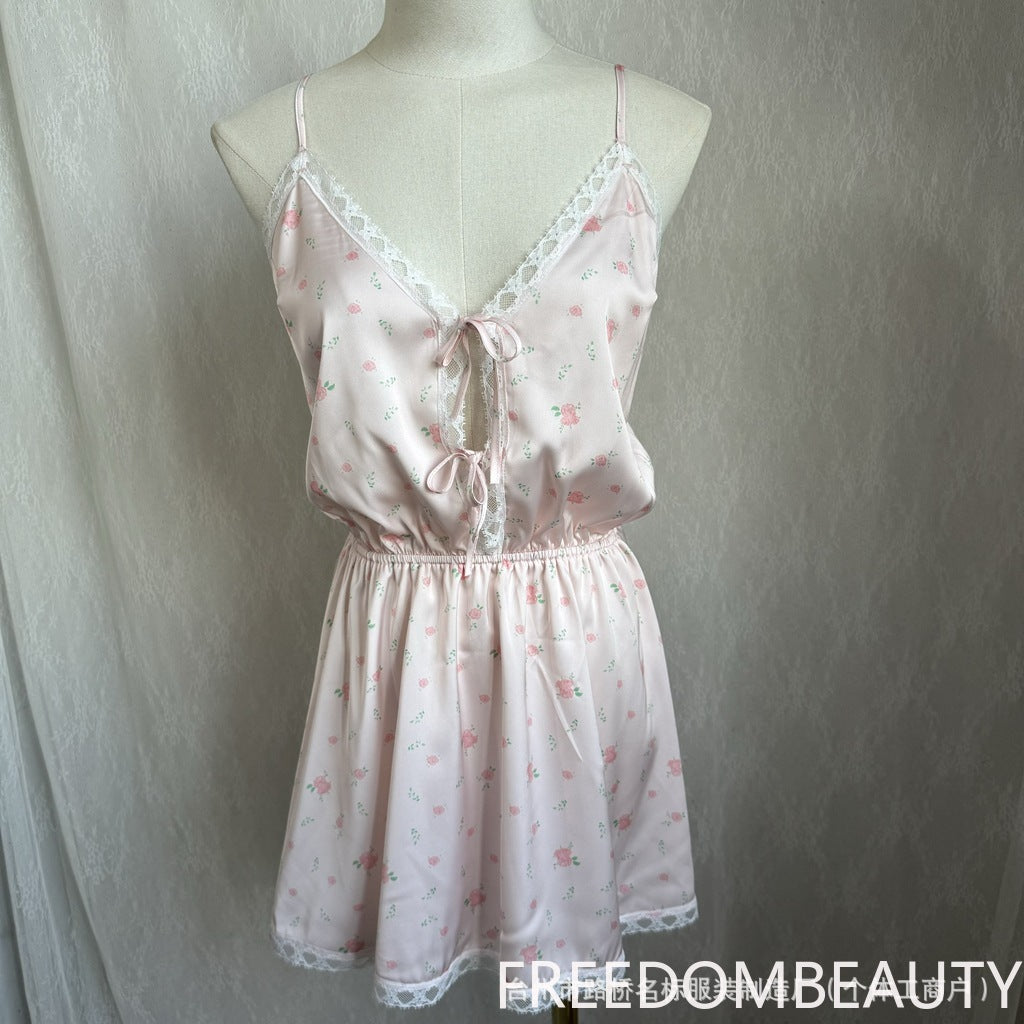 FREEDOMBEAUTY | 71060 Summer ice silk nightdress with chest pad thin ins wind floral lace edge cute pajamas loungewear Nana