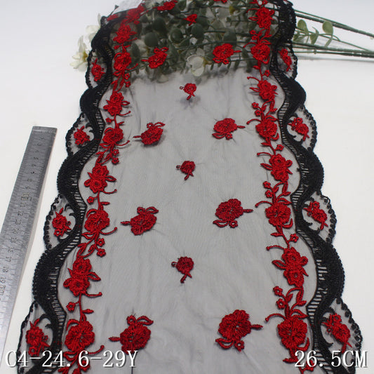 Freedombeauty | Black Red Bilateral Antique Floral Mesh Embroidery 26cm Curtain Sofa Cushion Lace Accessories DIY