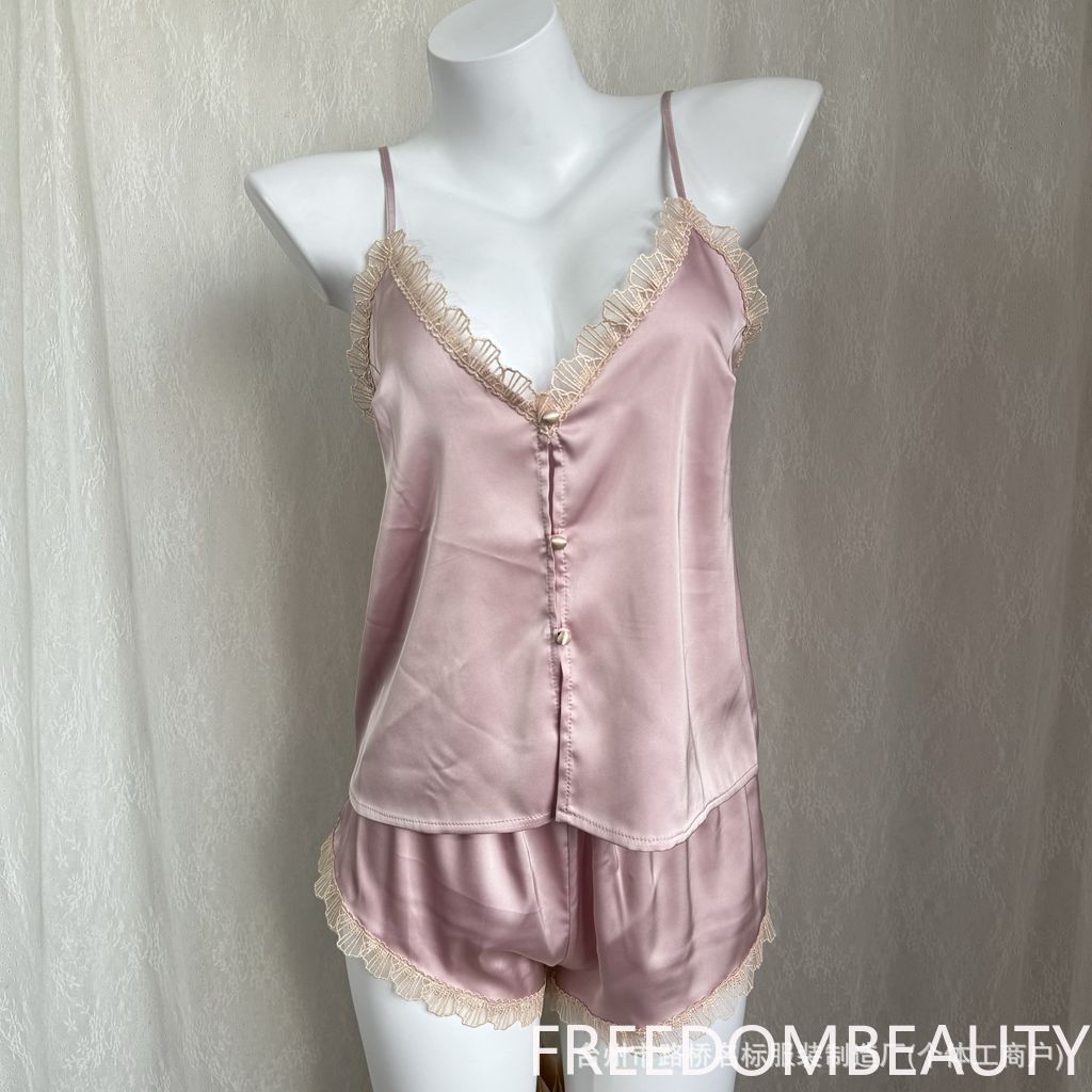 FREEDOMBEAUTY | 7087 Shell Embroidered Delicate Satin Sex Pajamas Pajamas Two-piece Set, Without Removable Chest Pad