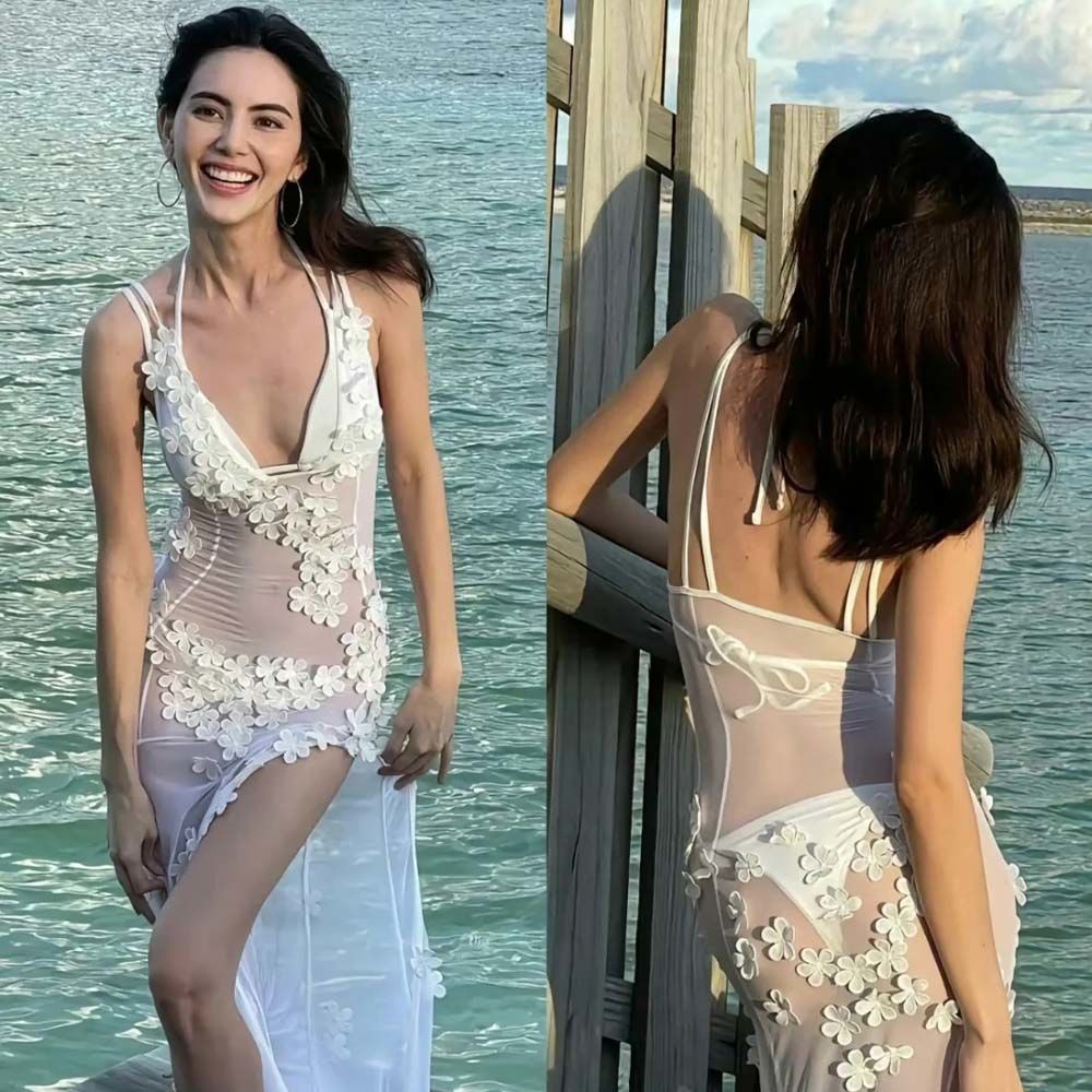freedombeauty|Pure Desire Style Moonlight Beauty White Three-Point Bikini Two-Piece Swimsuit with Three-Dimensional Flower Lace Fairy Long Dress