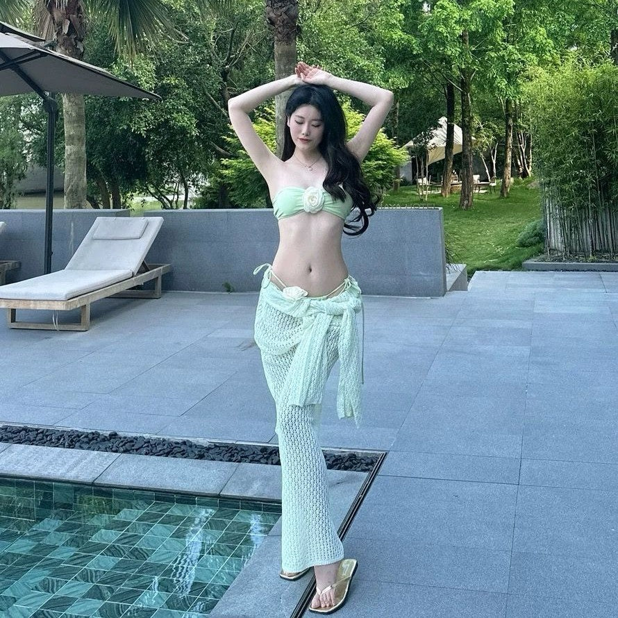 freedombeauty|[Princess Jasmine] Beach Vacation Long Dress Atmosphere Pure Desire Green Grape Green Two-Piece Swimsuit Bikini Sexy Summer