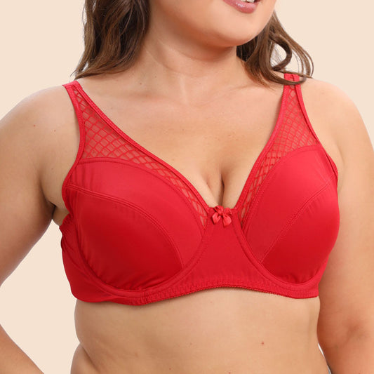 Freedombeauty | Translucent Mesh Stitching Ultra-Thin plus Size Bra Full Cup with Steel Ring Red Birth Year European and American Plump Girls Underwear