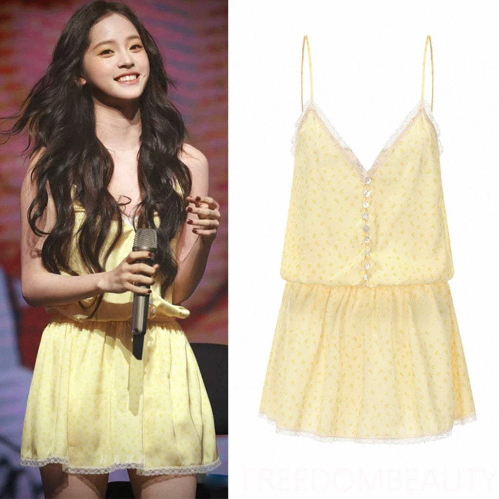 FREEDOMBEAUTY | 71060 Summer ice silk nightdress with chest pad thin ins wind floral lace edge cute pajamas loungewear Nana