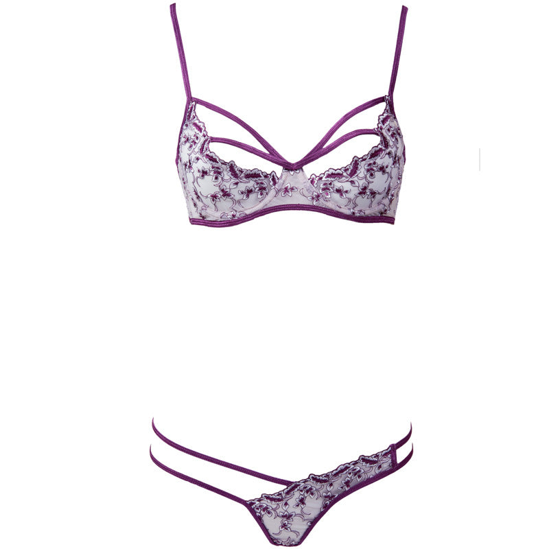 Freedombeauty | FJ286 Cross-Border Steel Rim Flash Shoulder Strap Showcase Purple Embroidered Bra Irregular Low Waist Crotch Pants Set