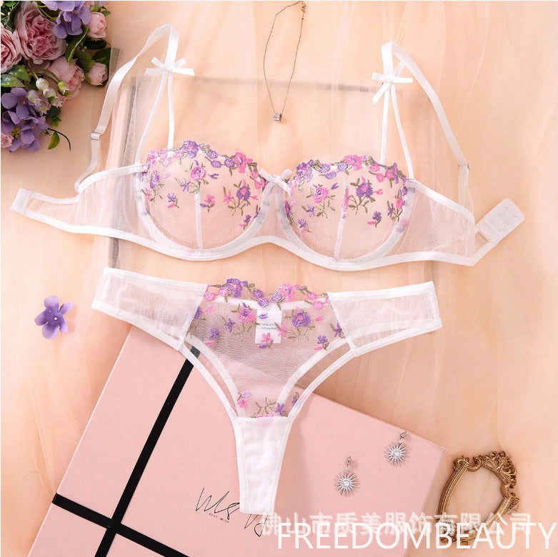 FREEDOMBEAUTY | Y French underwear feminine ink painting embroidery butterfly lace bra set thin cotton cup big breasts show small bra