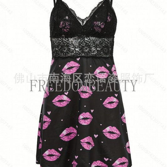 Freedombeauty | Hot Selling Digital Printing Casual Sexy Pajamas Home Nightdress Sexy Sweet Sexy Sleepwear
