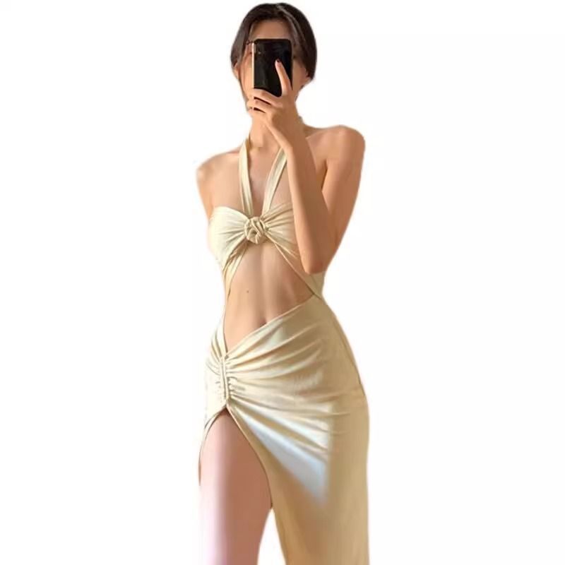 freedombeauty|French Style Pure Desire Halter Neck Strap Bikini Swimsuit for Women One-piece Sexy Temperament Slit Vacation Long Dress