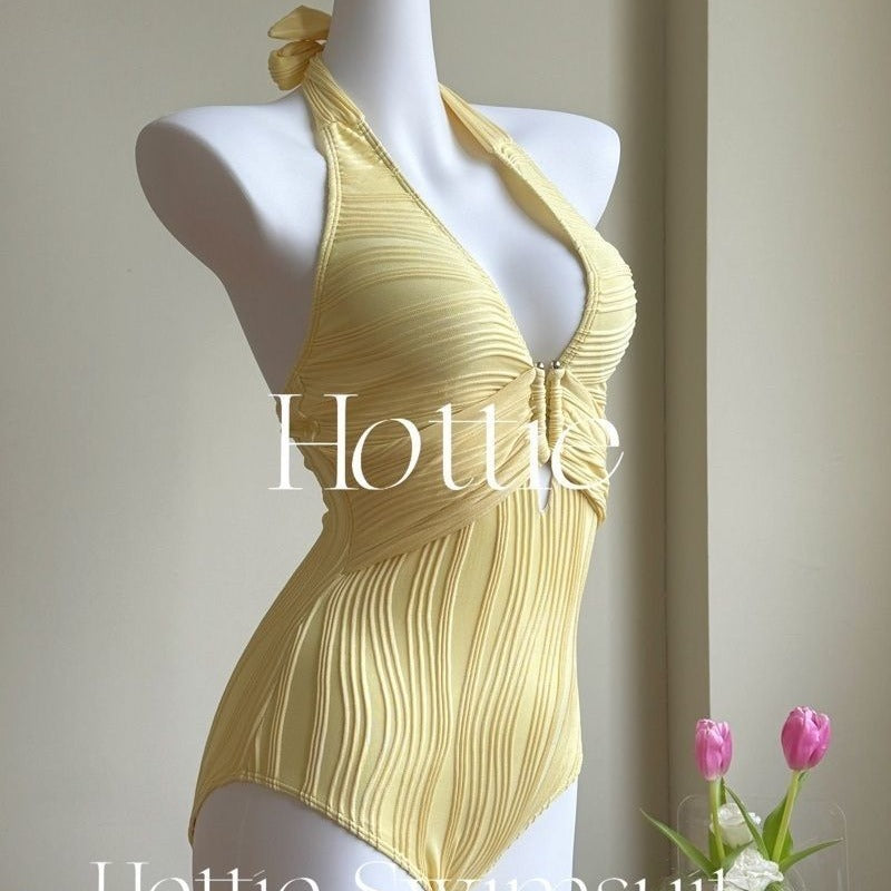 freedombeauty|New High-End Simple Elegant Striped One-Piece Swimsuit Slimming Beach Vacation Swimsuit Yellow Brightening Sexy Summer