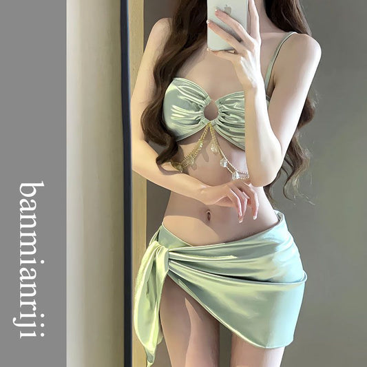 freedombeauty|Bikini Swimsuit Women Sexy Pure Desire Three-Piece Set 2024 New Style Photo Shoot Beautiful Beach Vacation Hot Spring Swimwear