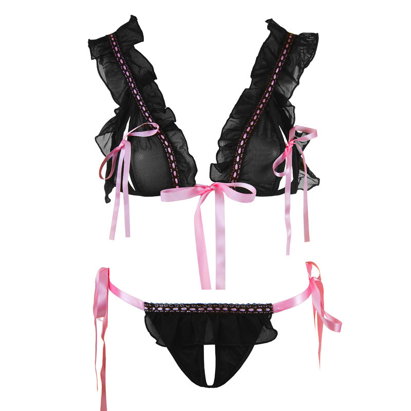 FREEDOMBEAUTY | FQ2096S Soft Cup Mesh BRALETTE No Steel Rim Open Chest Open Crotch Front Strap Bra Sex Underwear Set