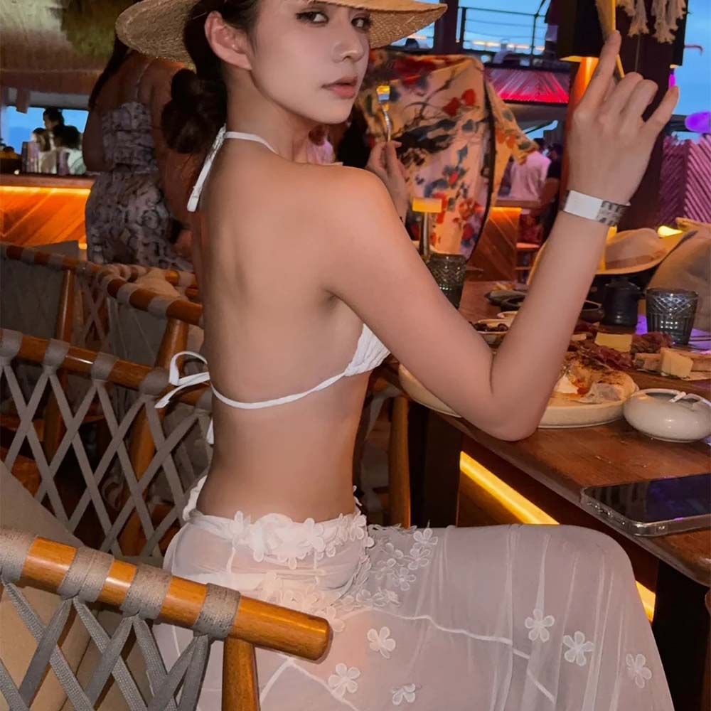 freedombeauty|Pure Desire Style Moonlight Beauty White Three-Point Bikini Two-Piece Swimsuit with Three-Dimensional Flower Lace Fairy Long Dress