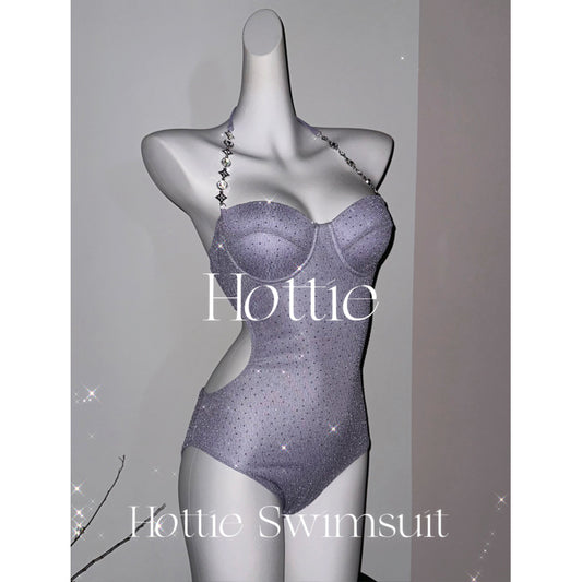 freedombeauty|Shiny Rhinestone High-End One-Piece Swimsuit Two-Piece Set with Hip-Hugging Skirt and Underwire Push-Up Sexy Backless Swimsuit 4167