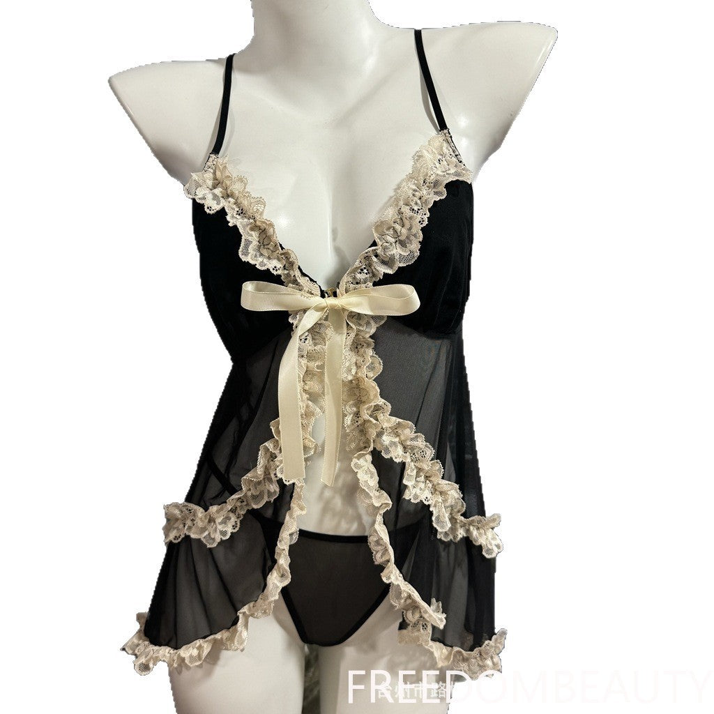 FREEDOMBEAUTY | 50980 Sexy Deep V Chest Collapse Plus Chest Pad Mesh Lace Suspender Dress with Removable Chest Pad