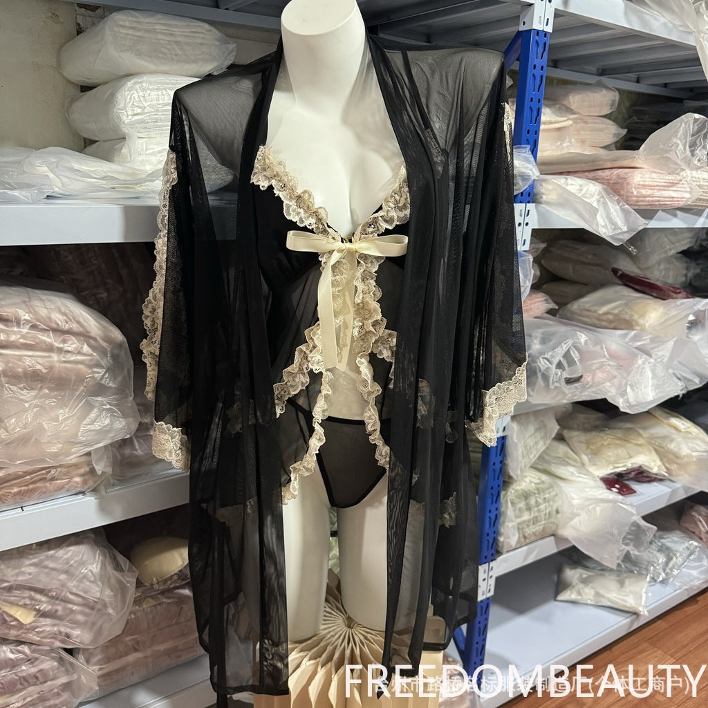 FREEDOMBEAUTY | 5099 Sexy mesh lace robe lace-up jacket New spot cardigan, matching nightgown