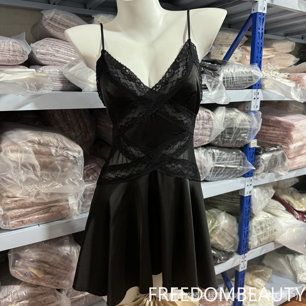 FREEDOMBEAUTY | 71090 Sexy Pure Lace Perspective Seduction Pajamas Plus Chest Pad Suspender Pajamas with Removable Chest Pad