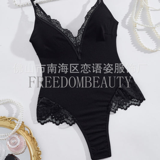 Freedombeauty | Hot Sale Sexy Beauty Back Hollowed Fashion Jumpsuit Pure Desire Style Lace Stitching Sexy Sleepwear