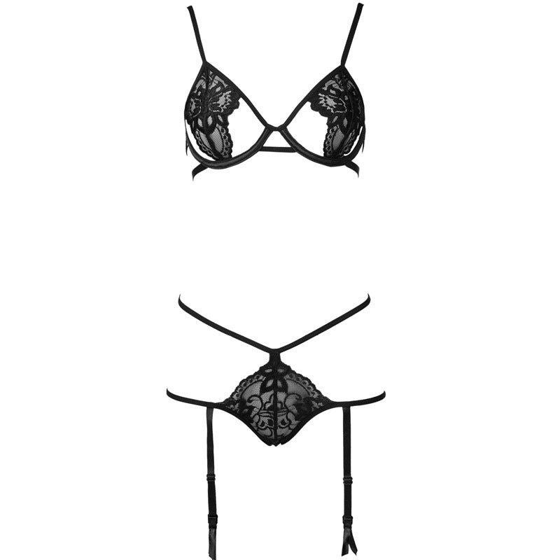 FREEDOMBEAUTY | FQ2599 bella hollow lace bra hip panties thin strap sexy seduction suit women's garter belt cross-border