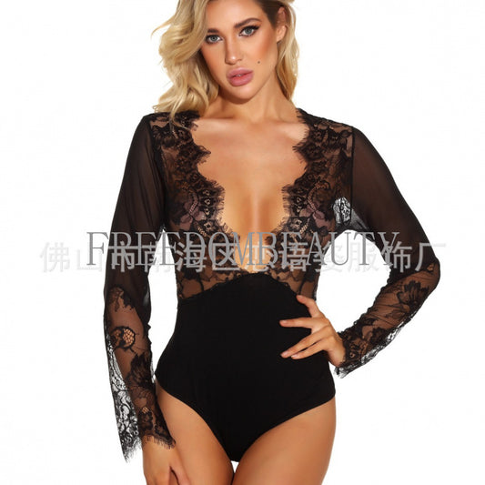 Freedombeauty | Sexy Pajamas See-through Sexy Lingerie Lace Stitching Stretch Long Sleeve Jumpsuit
