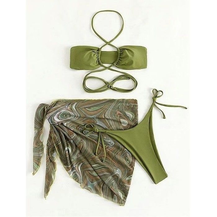 freedombeauty|Mosricci Hip-Hugging Sexy Drawstring Hot Girl Bikini Three-Piece Swimsuit Set for Women with Straps European and American Style Internet Celebrity