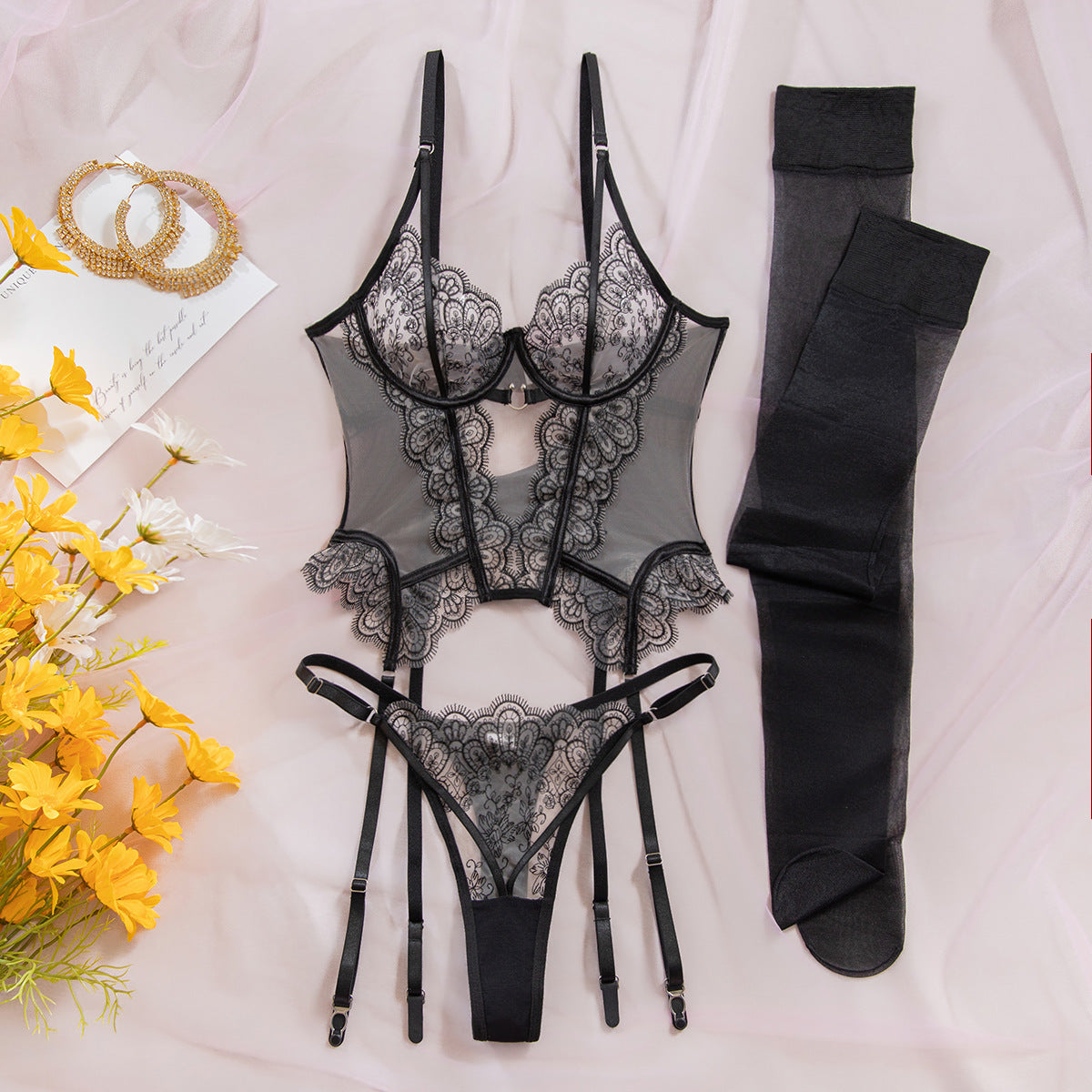FREEDOMBEAUTY | Amazon foreign trade hot sale eyelash lace embroidery perspective mesh long vest underwear two-piece set with stockings