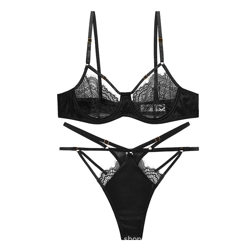 Freedombeauty | Super book lace French bra T-pants satin splicing perspective seduction sexy lingerie retro suit
