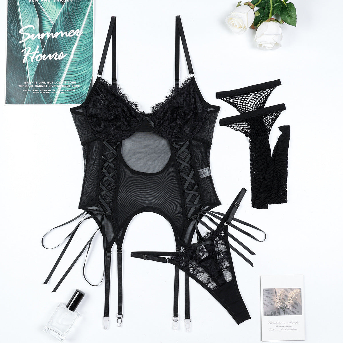FREEDOMBEAUTY | European and American erotic sexy underwear lace splicing straps bow mesh perspective suspenders two-piece stockings 3756