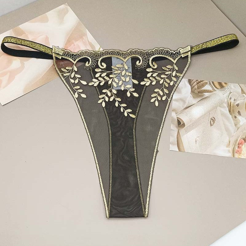 FREEDOMBEAUTY | New Purple Gold Black Hollow Sexy Transparent Black Mesh Embroidery Women's Light Sex Thong T-Pants Cross-border
