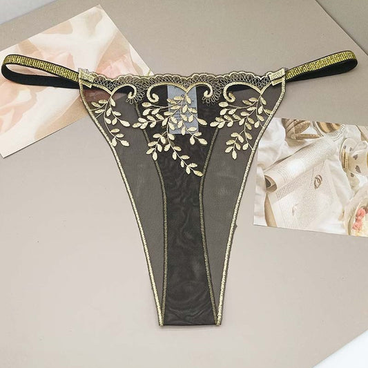 FREEDOMBEAUTY | New Purple Gold Black Hollow Sexy Transparent Black Mesh Embroidery Women's Light Sex Thong T-Pants Cross-border