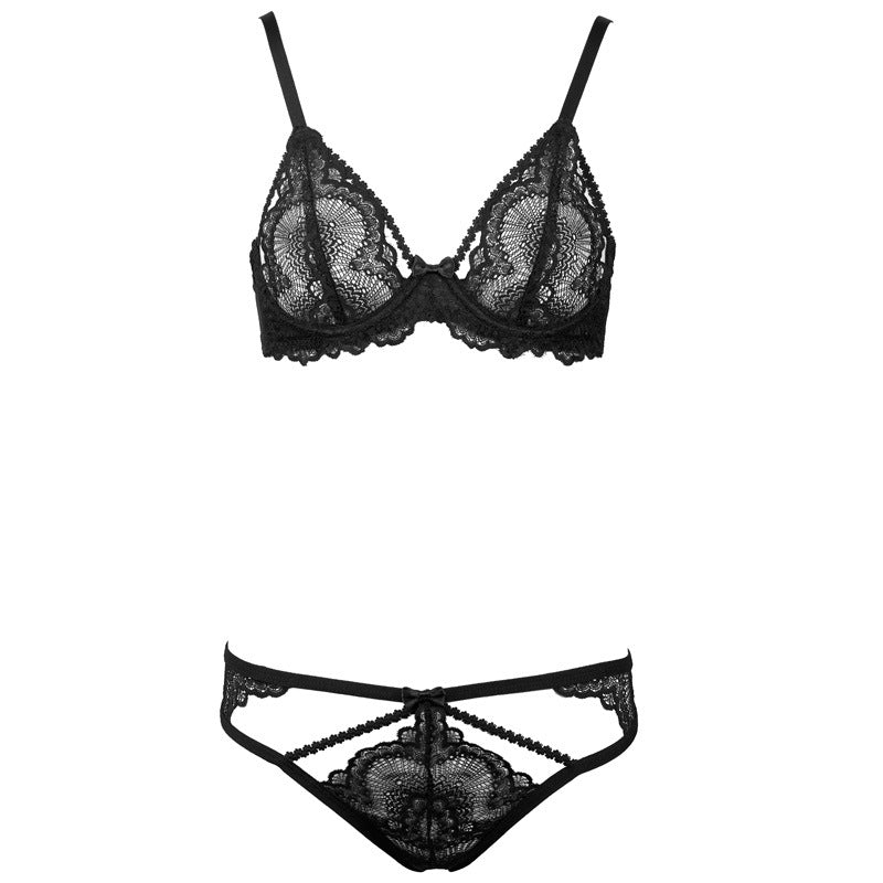 Freedombeauty | FQ2639M180 with steel rim black lace hollow sexy bra set women's thin cup garter quality hollow pants