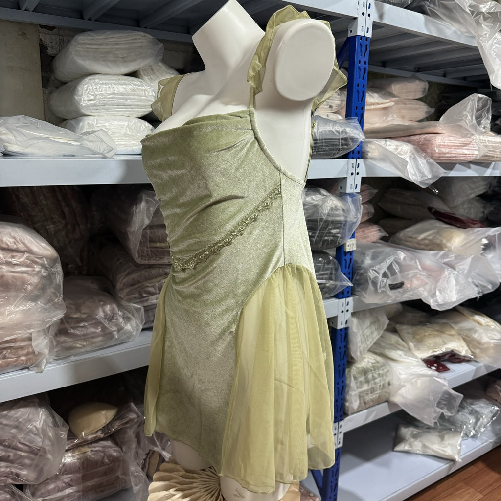 FREEDOMBEAUTY | 8012 New Sexy Women's Velvet Zhao Ruth Same Mesh Ribbon Dress Dress Pajamas