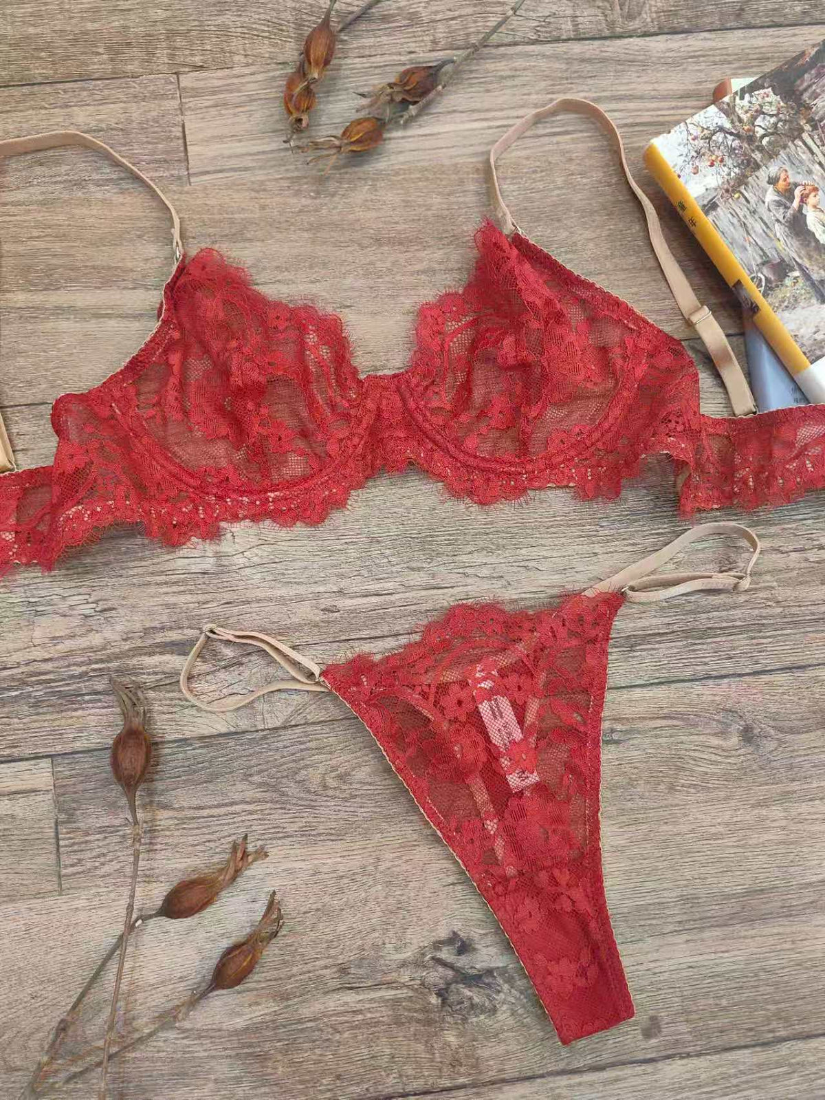 FREEDOMBEAUTY | French lace underwear sponge-free sexy bra foreign trade big breasts small gathering bra set Lingerie