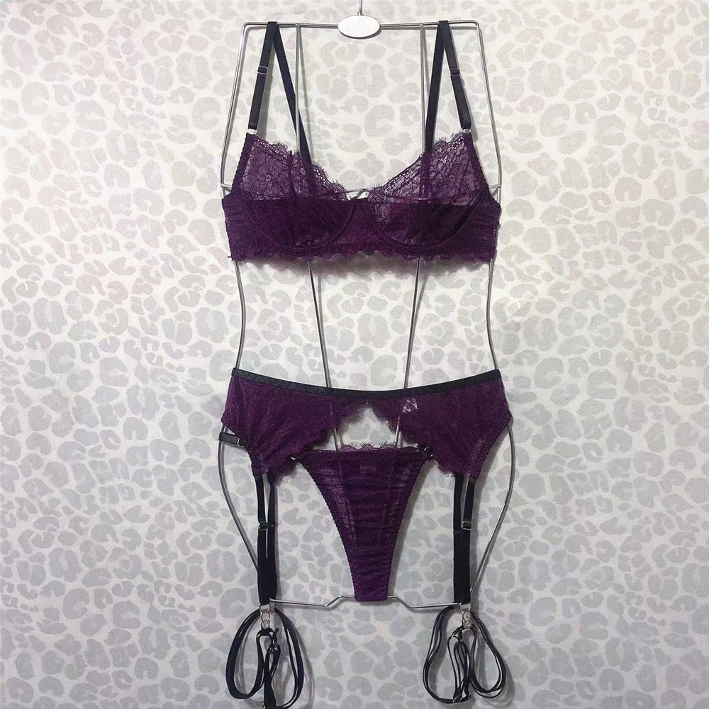 FREEDOMEBEAUTY | European and American cross-border new products, sexy underwear, fashion women's clothing, lace with steel ring, leg circumference, suspender bra set, four-piece set