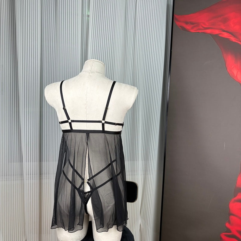 FREEDOMBEAUTY | FQ2874 Perspective mesh sex underwear suspender nightdress embroidery slit seduction suit women's cross-border straps Europe and America