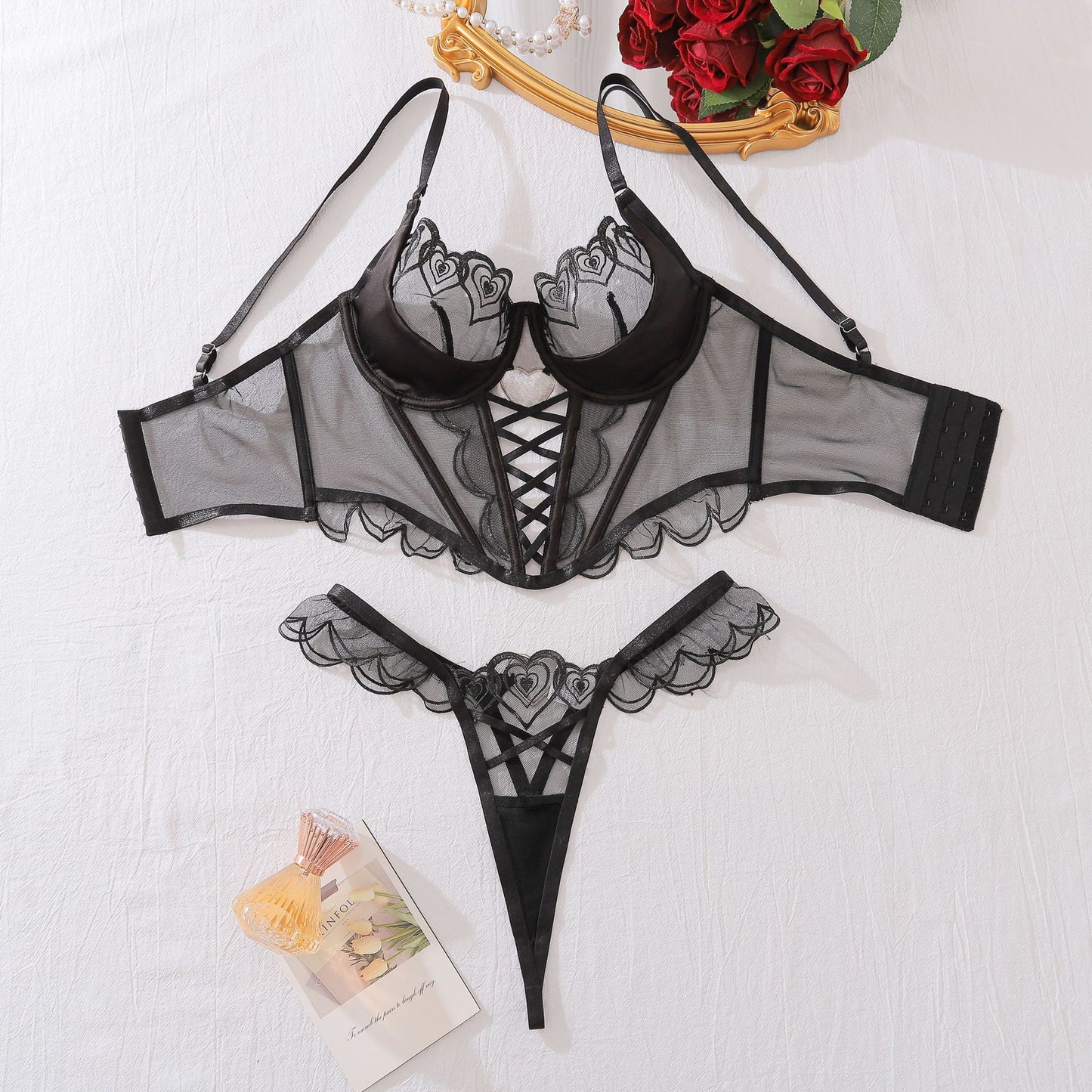 Freedombeauty | New two-piece love-embroidered perspective mesh sexy underwear thong set