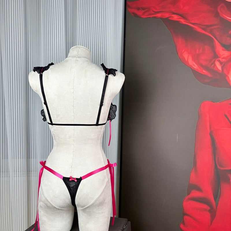 FREEDOMBEAUTY | FQ2096S Bow Hollow Free Sex Underwear Set Women's Big Breast Lotus Leaf Edge Perspective Mesh Pure Desire T